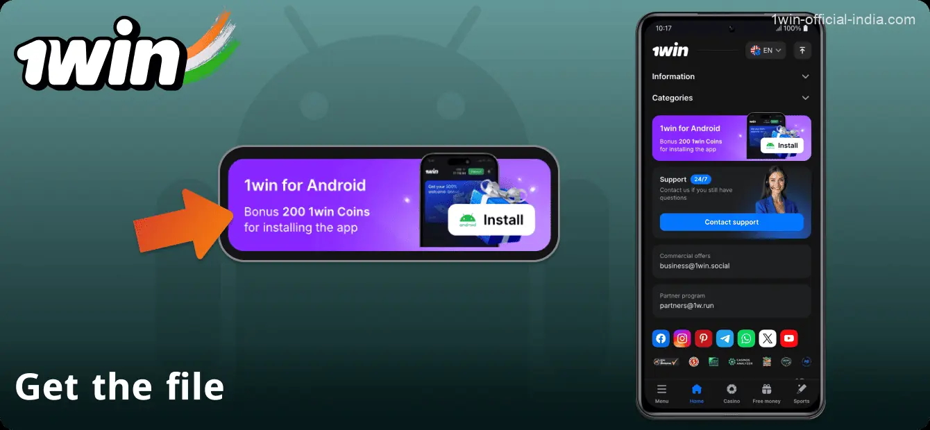Click on the Android icon at the bottom of the 1Win website in India