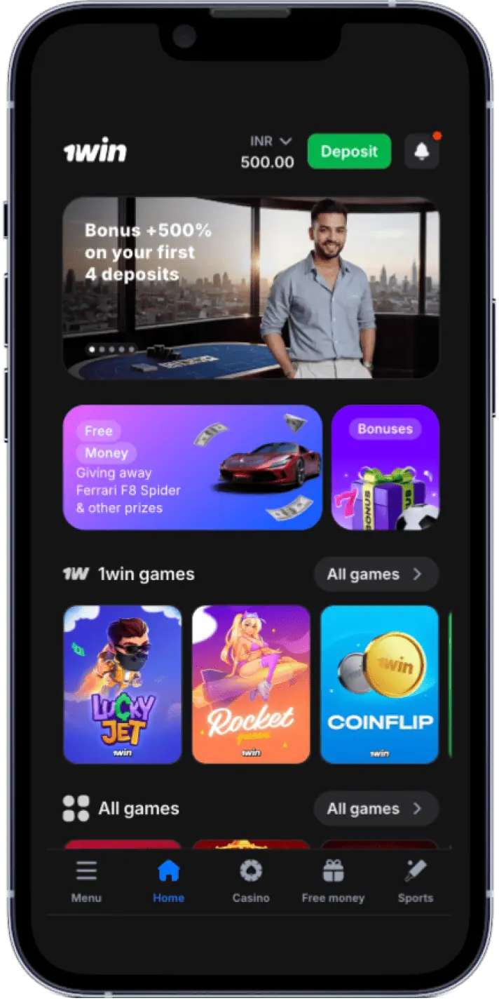 Screenshot of the main page in the 1win India mobile app
