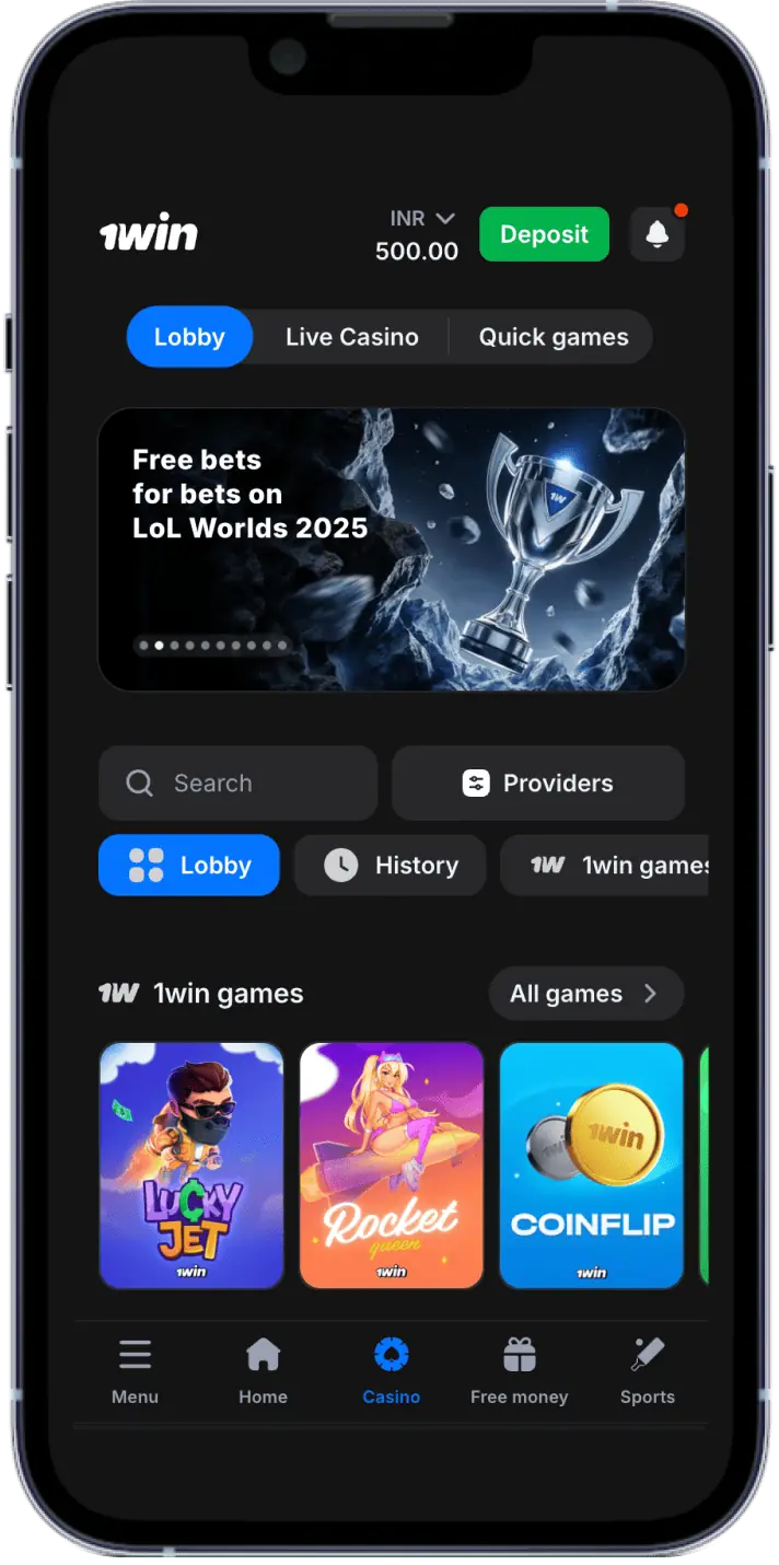 Screenshot of the casino games page in the 1win India mobile app