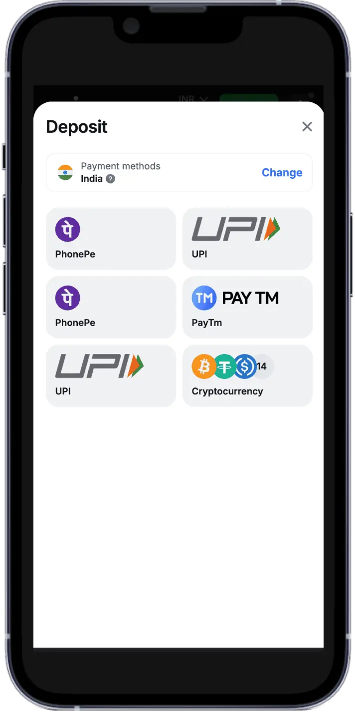 Screenshot of the 1win India mobile app payment page