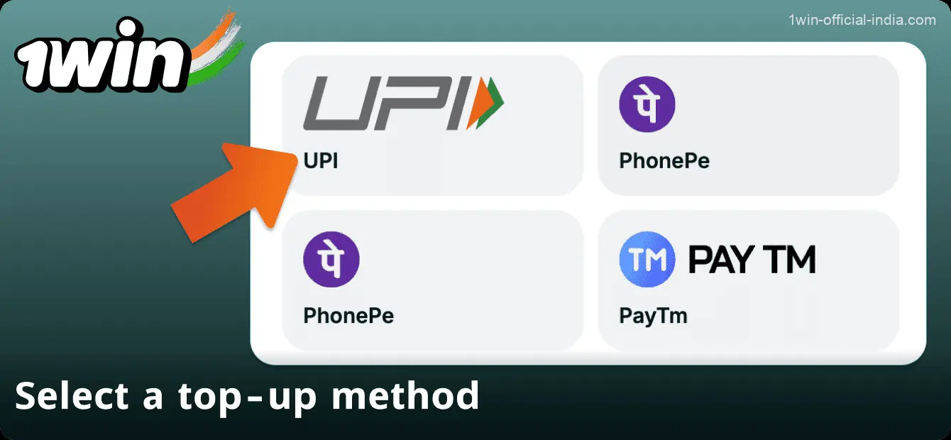 Select a method to top up your 1win account in India